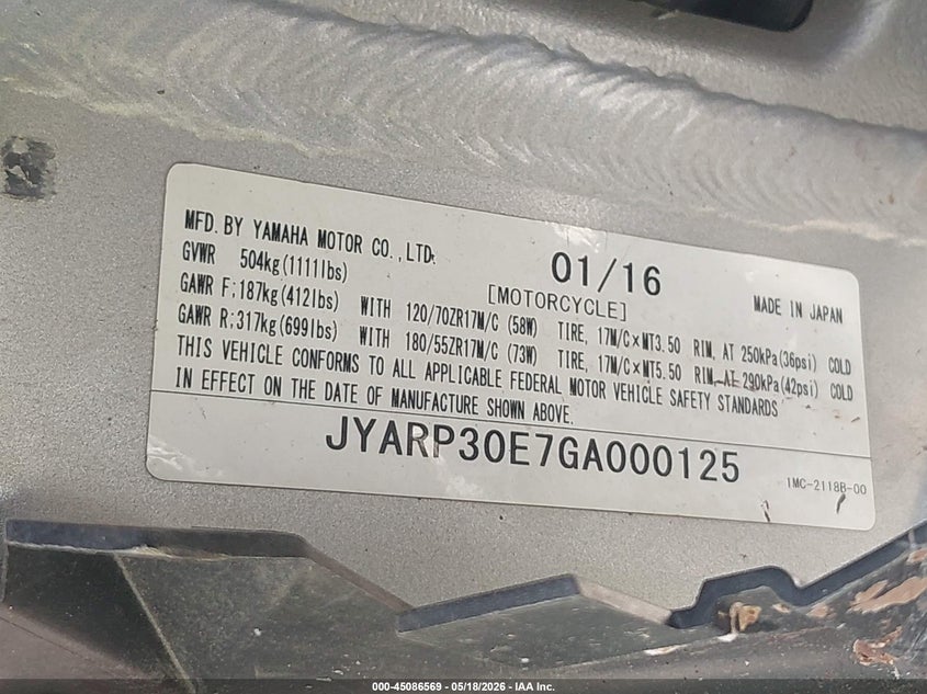 2016 Yamaha Fjr1300 Ae VIN: JYARP30E7GA000125 Lot: 45086569