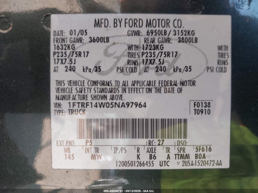 2005 FORD F-150 TRUCK 4.6L V-8 231HP