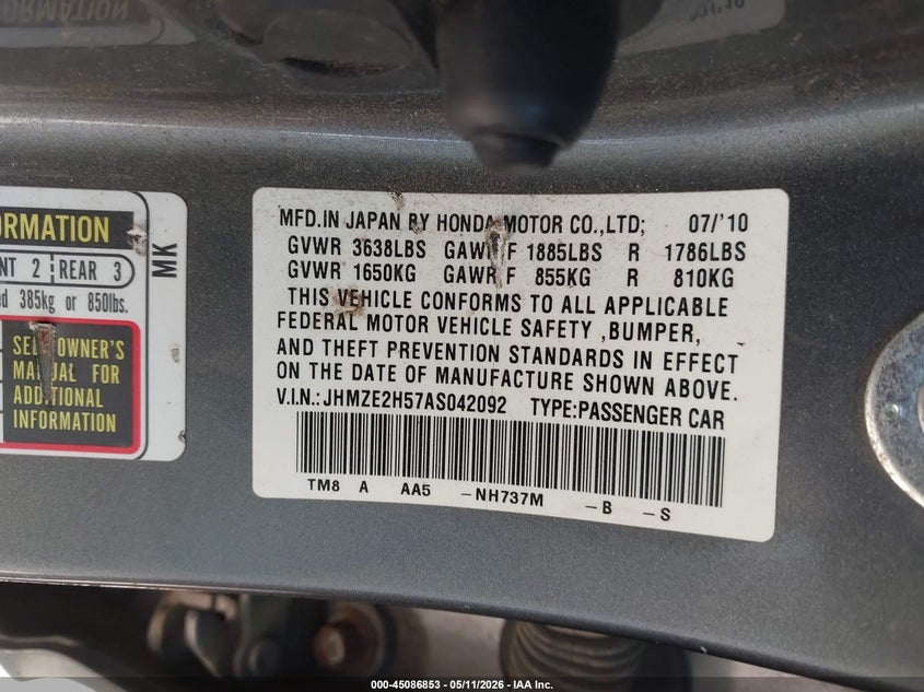 2010 Honda Insight Lx VIN: JHMZE2H57AS042092 Lot: 45086853