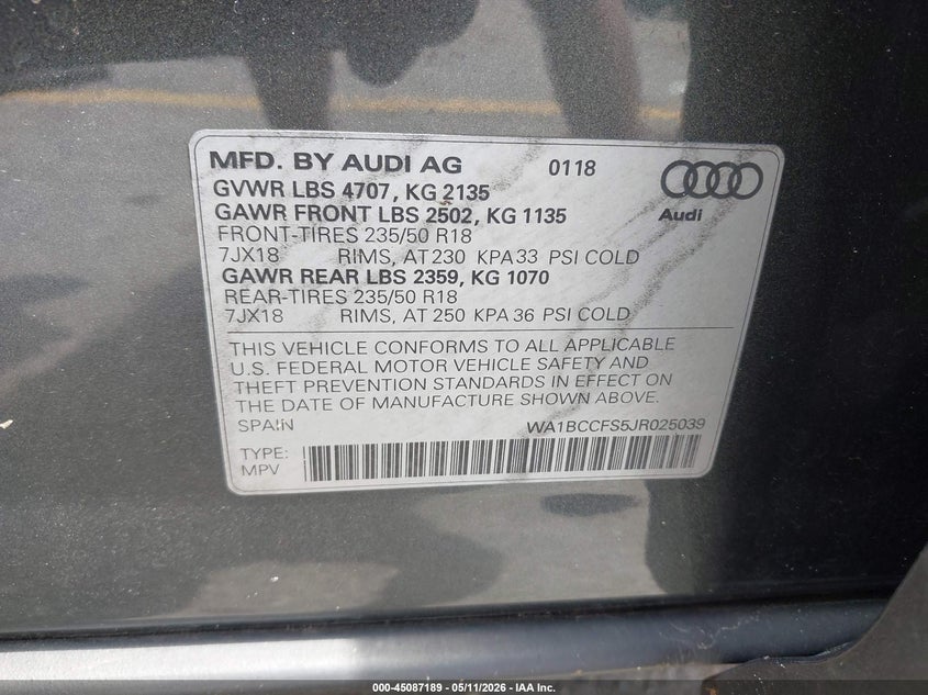 2018 Audi Q3 2.0T Premium/2.0T Sport Premium VIN: WA1BCCFS5JR025039 Lot: 45087189