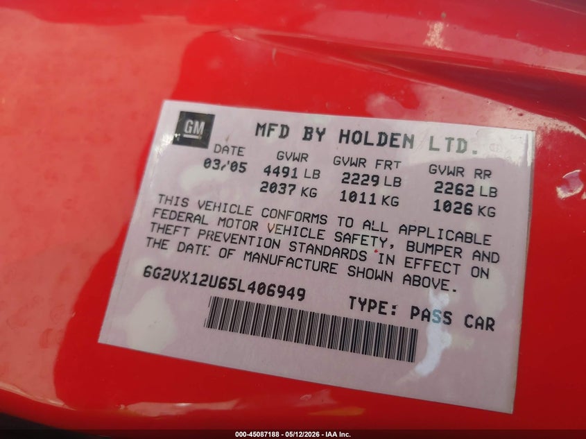 2005 Pontiac Gto VIN: 6G2VX12U65L406949 Lot: 45087188