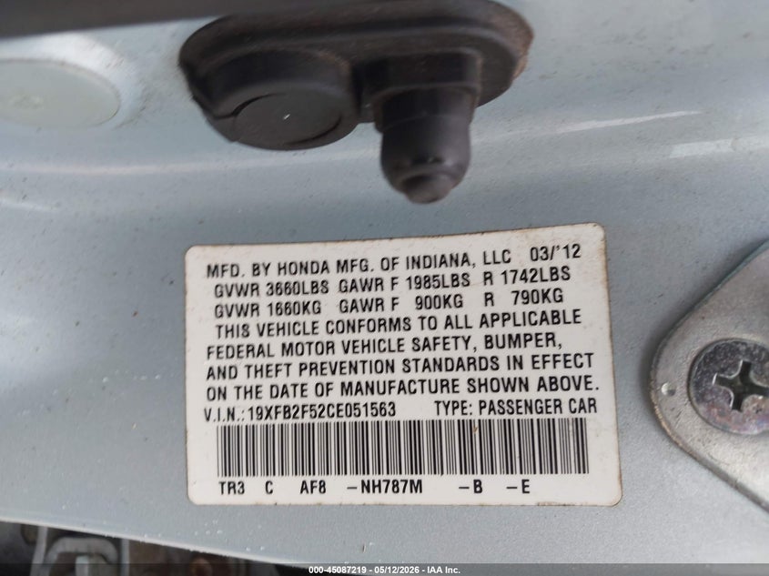 2012 HONDA CIVIC SEDAN 1.8L I-4 VVT, 140HP