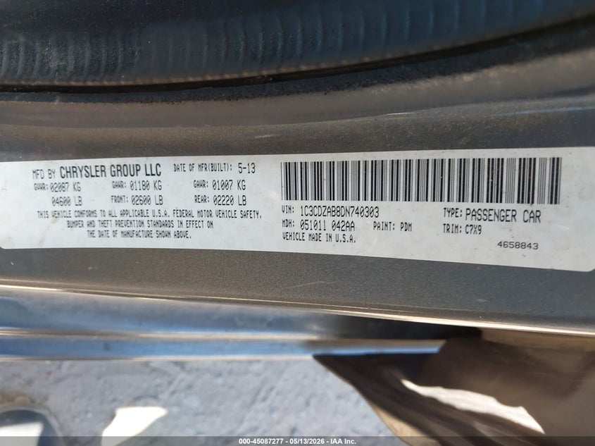 2013 Dodge Avenger Se VIN: 1C3CDZAB8DN740303 Lot: 45087277