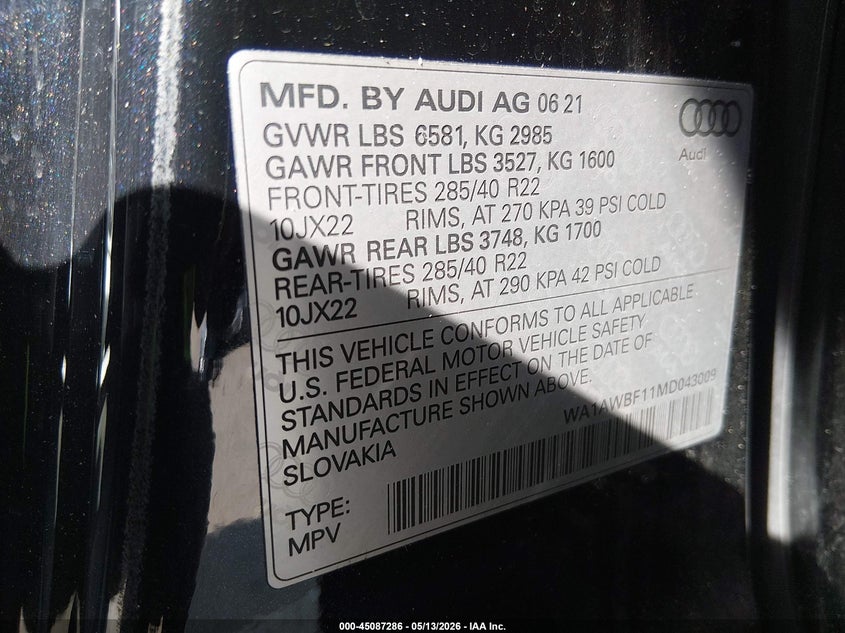2021 Audi Sq8 Premium Plus Tfsi Quattro Tiptronic VIN: WA1AWBF11MD043009 Lot: 45087286