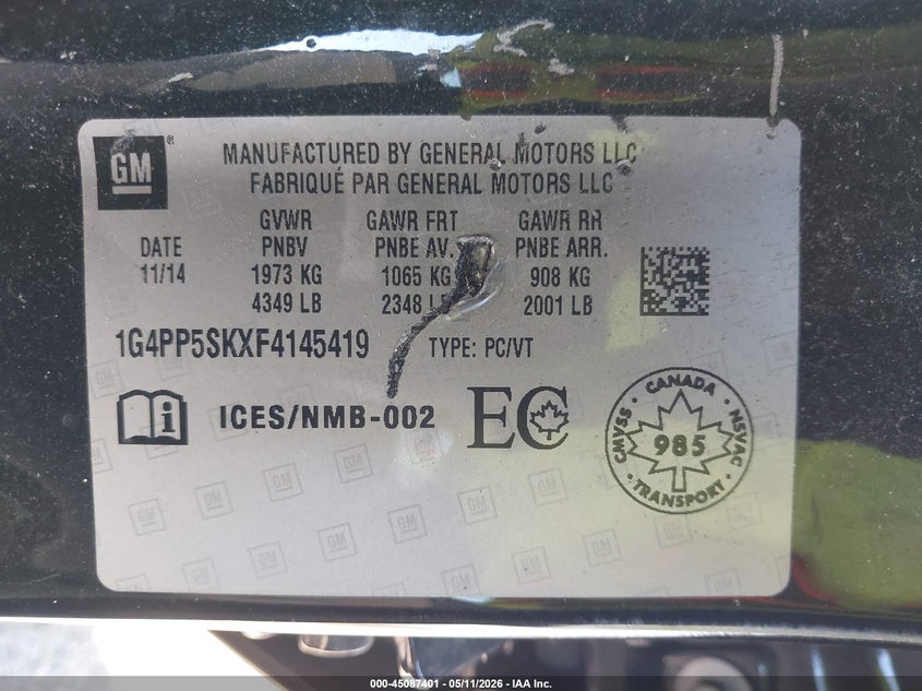 2015 Buick Verano VIN: 1G4PP5SKXF4145419 Lot: 45087401