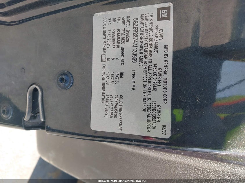 2007 Saturn Outlook Xr VIN: 5GZER23747J133959 Lot: 45087549
