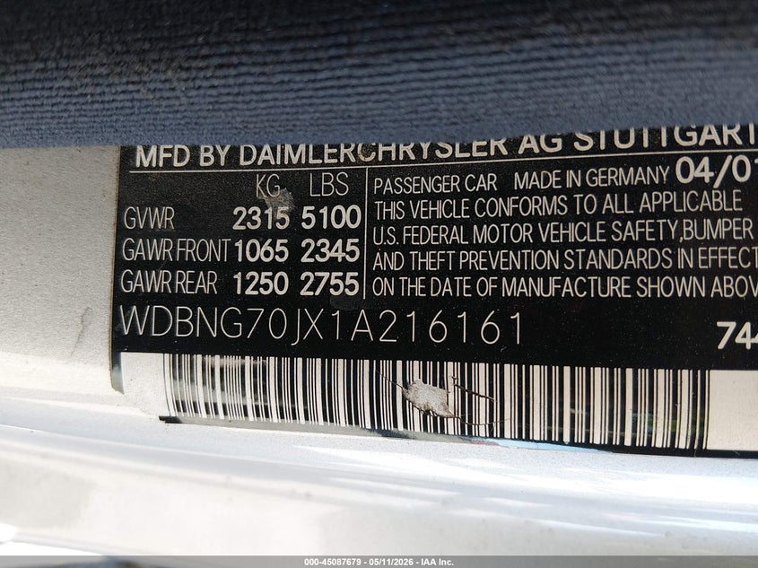 2001 Mercedes-Benz S 430 VIN: WDBNG70JX1A216161 Lot: 45087679