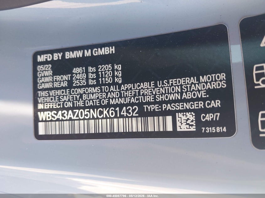 2022 BMW M4 Competition xDrive VIN: WBS43AZ05NCK61432 Lot: 45087796