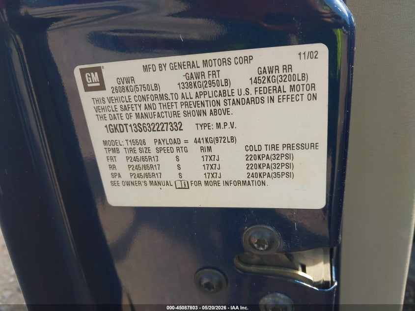 2003 GMC Envoy Slt VIN: 1GKDT13S632227332 Lot: 45087803