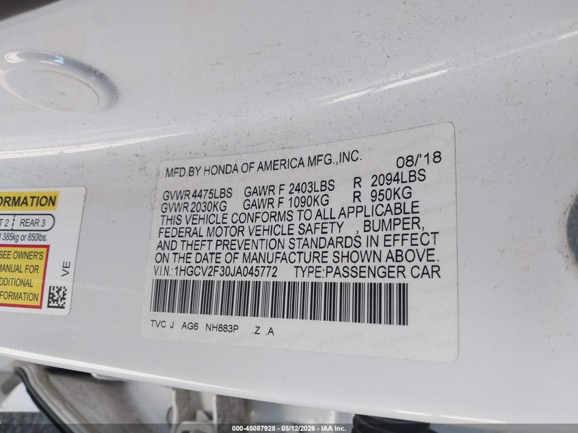 VIN 1HGCV2F30JA045772 2018 HONDA ACCORD SPORT 2.0T