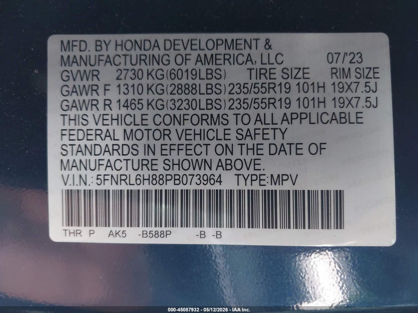 HONDA ODYSSEY 2023 VIN 5FNRL6H88PB073964