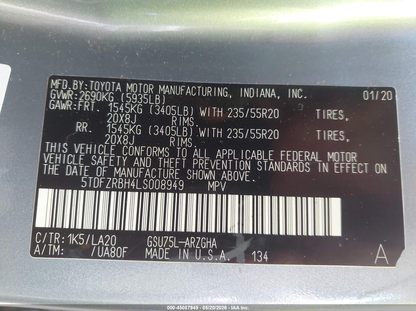 2020 TOYOTA HIGHLANDER SPORT UTILITY VEHICLE 3.5L V-6 DI, DOHC, VVT, 295HP