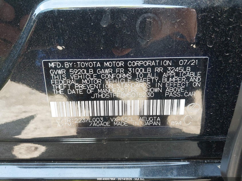 2021 Lexus Ls 500 VIN: JTHD51FF8M5015230 Lot: 45087964