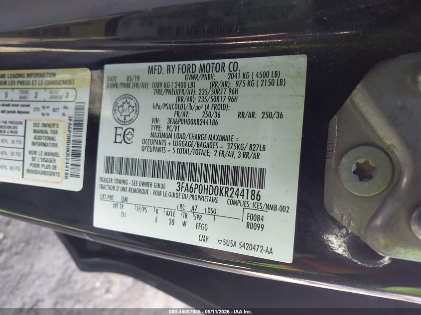 2019 FORD FUSION SEDAN 1.5L I-4 DI, DOHC, VVT, TURBO, 181HP