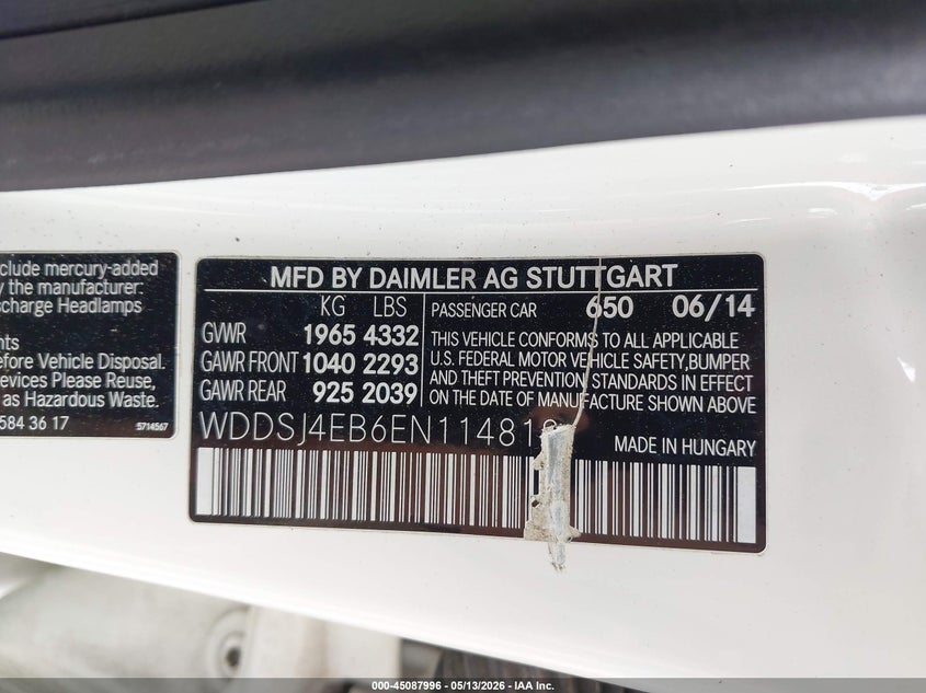 2014 Mercedes-Benz Cla 250 VIN: WDDSJ4EB6EN114818 Lot: 45087996