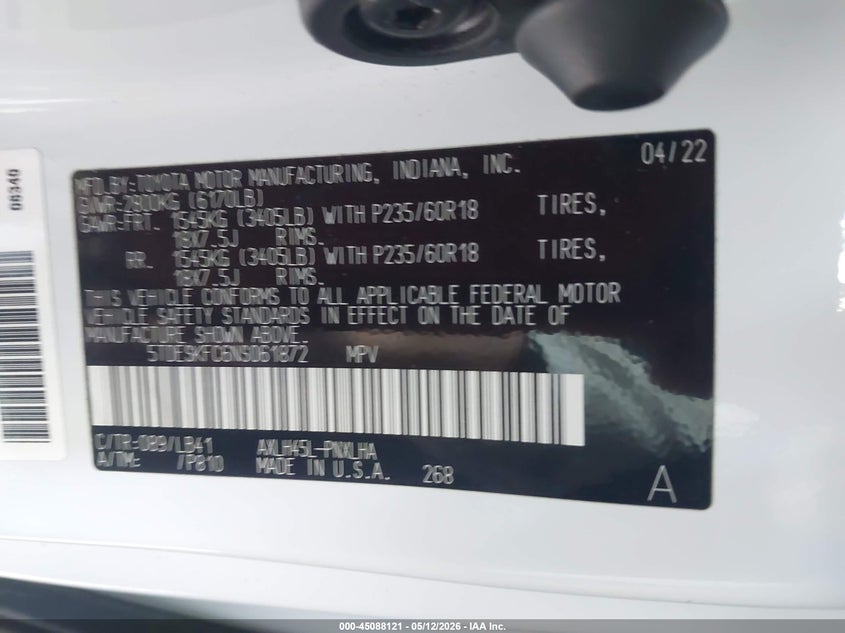 VIN 5TDESKFC6NS061872 2022 TOYOTA SIENNA PLATINUM