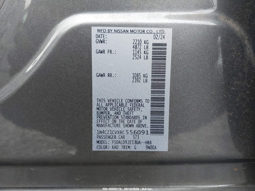 2024 Nissan Leaf Sv Plus VIN: 1N4CZ1CVXRC556091 Lot: 45088176