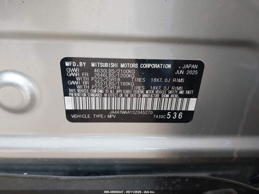 2025 Mitsubishi Eclipse Cross Black Edition S-Awc/Se S-Awc/Sel VIN: JA4ATWAA1SZ045270 Lot: 45088347