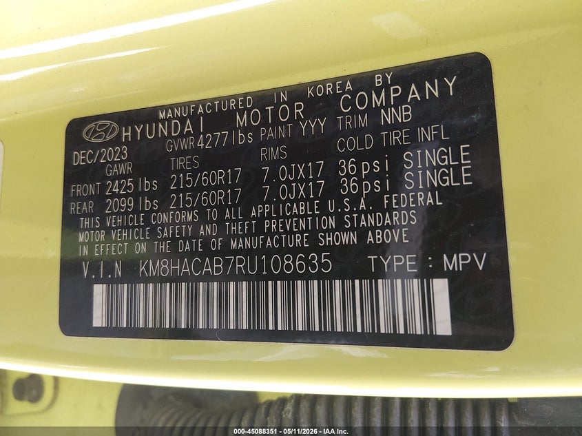 VIN KM8HACAB7RU108635 2024 HYUNDAI KONA SE