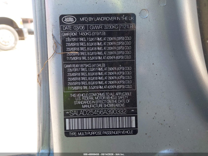 2006 Land Rover Lr3 V8 Se VIN: SALAD25456A390332 Lot: 45088455