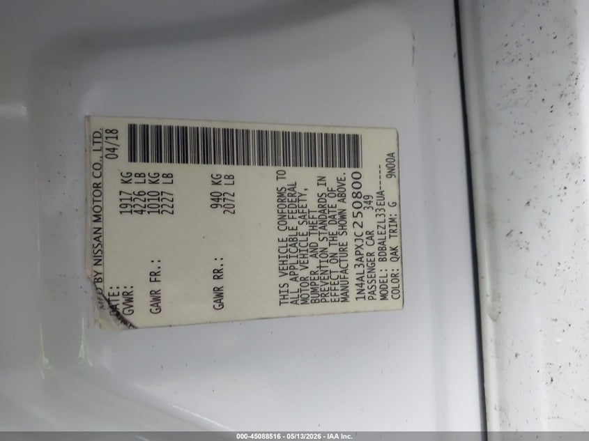 VIN 1N4AL3APXJC250800 2018 NISSAN ALTIMA 2.5 S