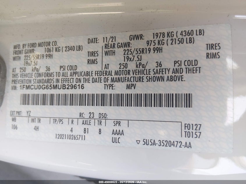 2021 FORD ESCAPE SPORT UTILITY VEHICLE 1.5L I-3 DI, DOHC, VVT, TURBO, 181HP