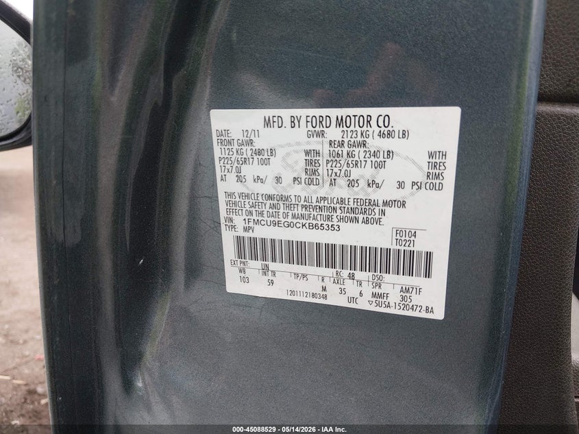 2012 FORD ESCAPE SPORT UTILITY VEHICLE 3.0L V-6 DOHC, VVT, 240HP