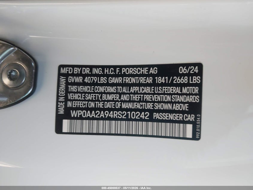 2024 Porsche 911 Carrera/Carrera 4/Carrera T VIN: WP0AA2A94RS210242 Lot: 45088537