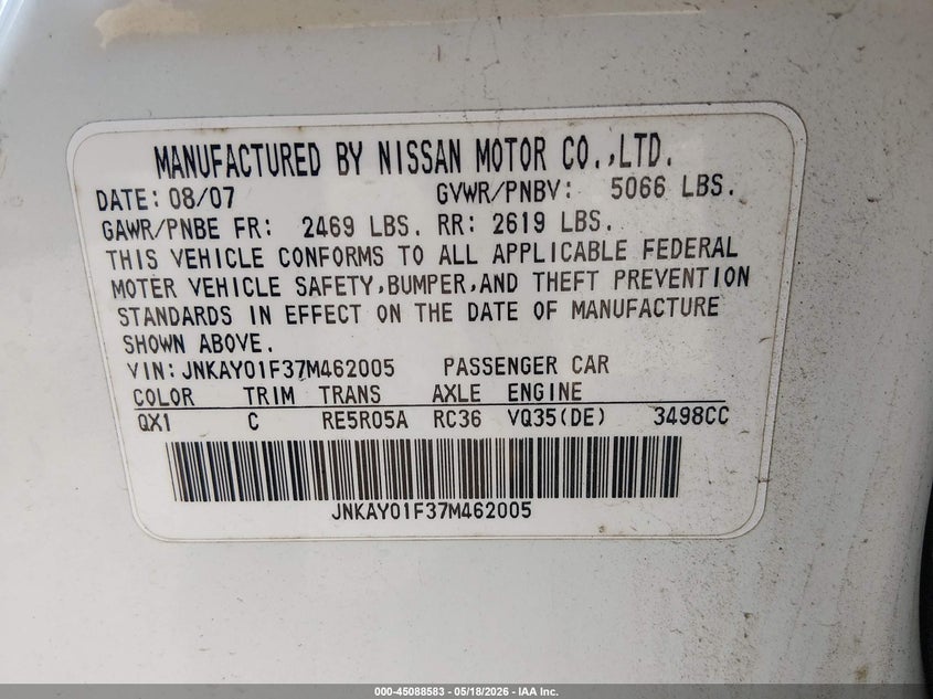2007 Infiniti M35X VIN: JNKAY01F37M462005 Lot: 45088583