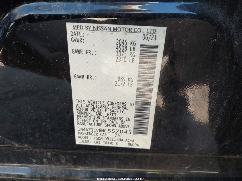 2021 Nissan Leaf Sv 40 Kwh VIN: 1N4AZ1CV8MC557045 Lot: 45088654
