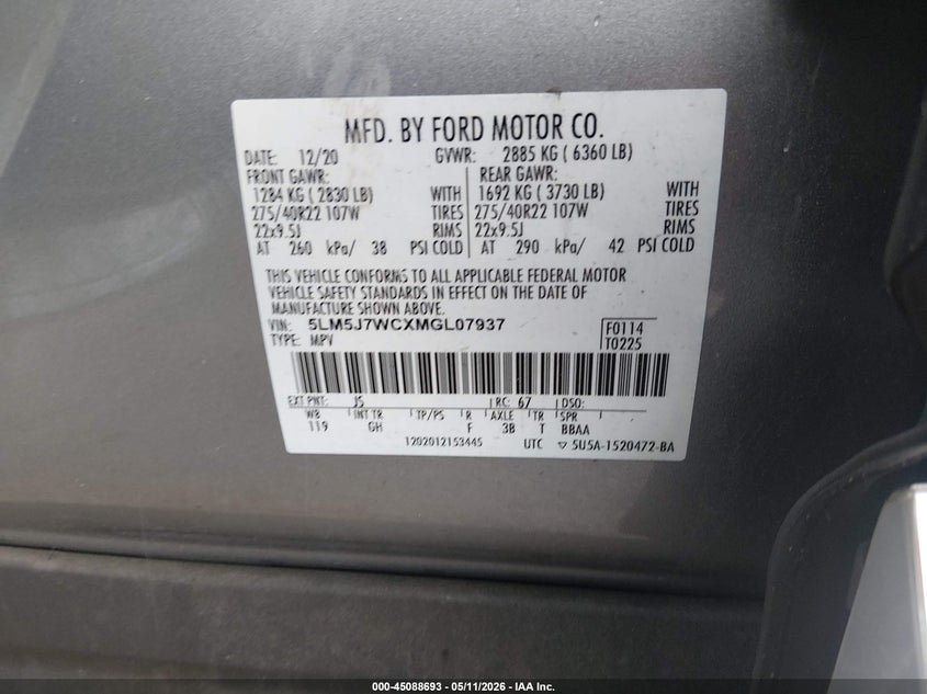 2021 Lincoln Aviator Reserve VIN: 5LM5J7WCXMGL07937 Lot: 45088693