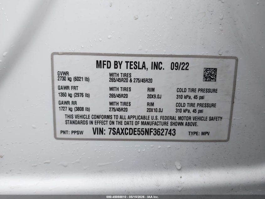 2022 Tesla Model X Dual Motor All-Wheel Drive/Plaid Tri Motor All-Wheel Drive VIN: 7SAXCDE55NF362743 Lot: 45088810