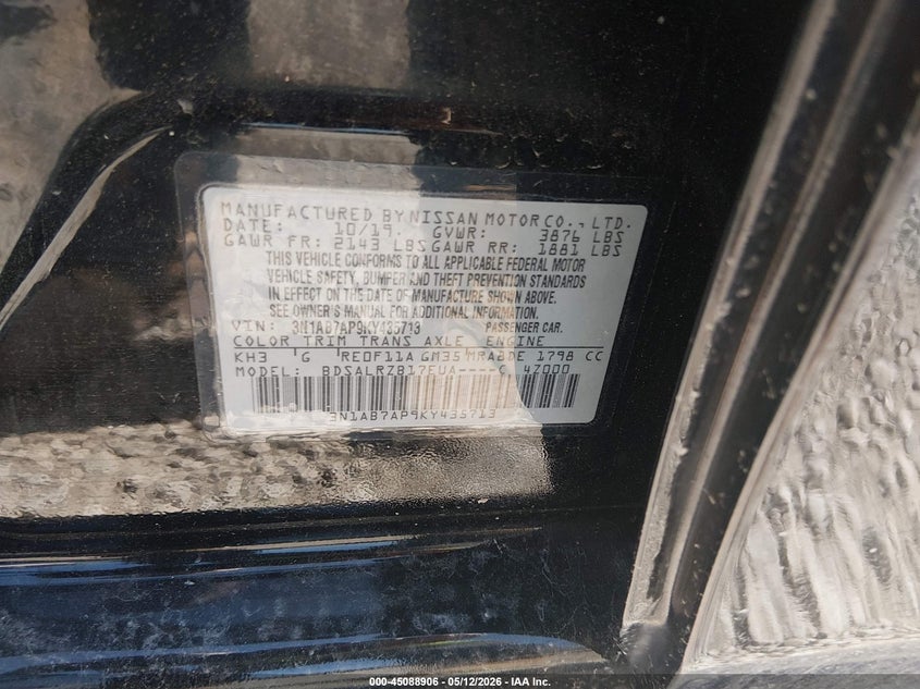 VIN 3N1AB7AP9KY435713 2019 NISSAN SENTRA SR
