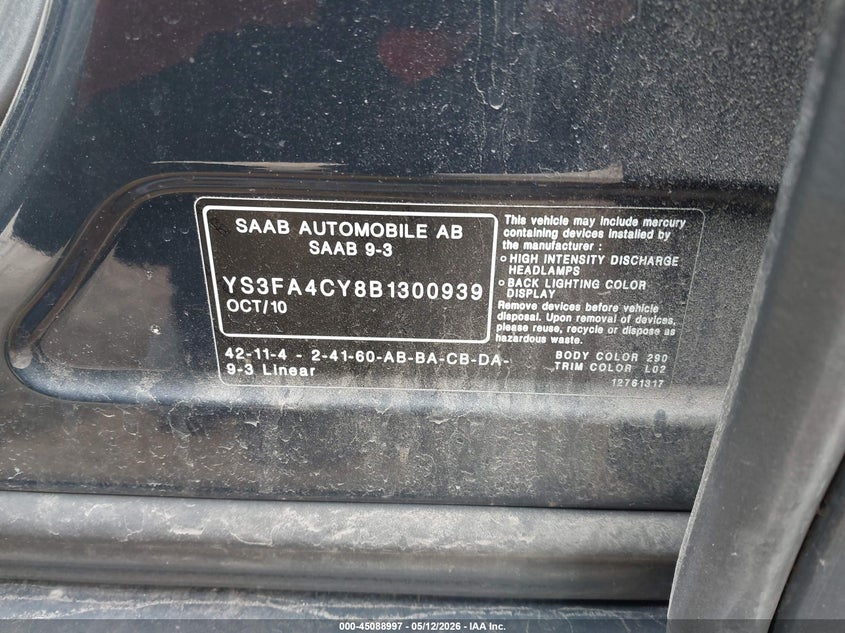 2011 Saab 9-3 VIN: YS3FA4CY8B1300939 Lot: 45088997