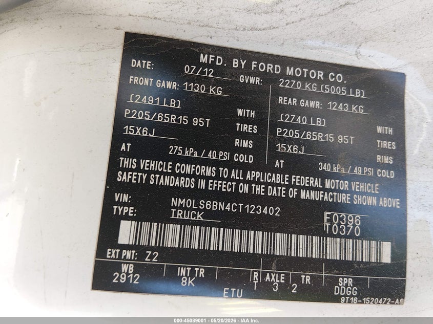 2012 Ford Transit Connect Xlt VIN: NM0LS6BN4CT123402 Lot: 45089001