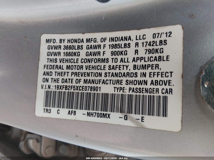 19XFB2F5XCE078901 2012 Honda Civic 1.8 Lx silver
