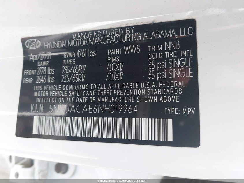 2022 HYUNDAI TUCSON 2.5L I-4 DI, DOHC, V(VIN: 5NMJACAE6NH019964