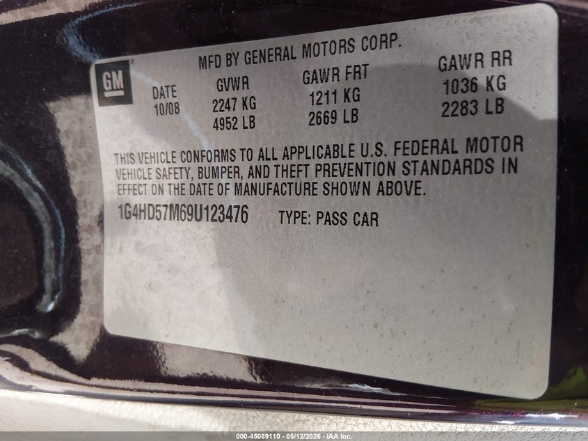2009 Buick Lucerne Cxl VIN: 1G4HD57M69U123476 Lot: 45089110