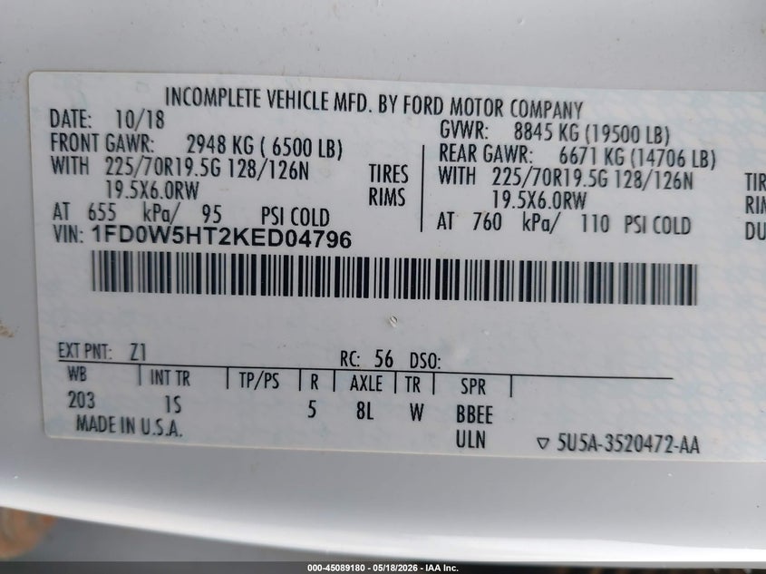 2019 Ford F-550 Chassis Xl VIN: 1FD0W5HT2KED04796 Lot: 45089180