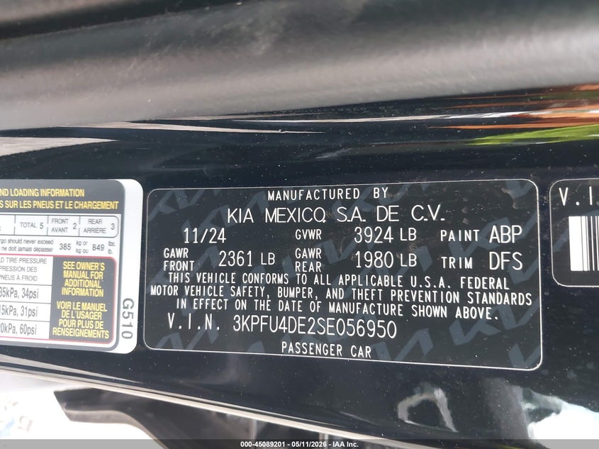 VIN 3KPFU4DE2SE056950 2025 KIA K4 EX