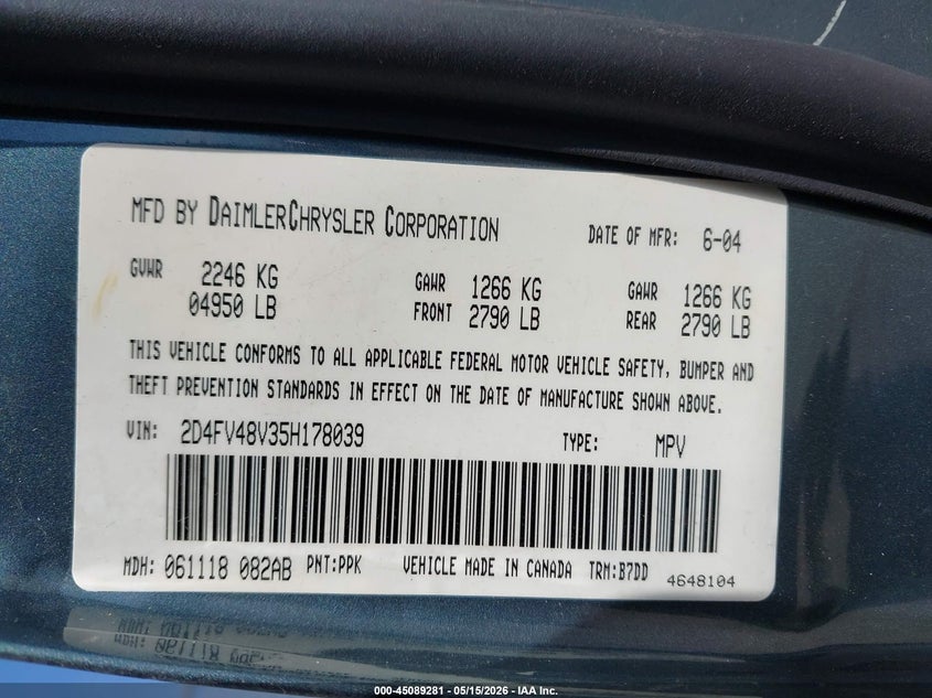 2005 Dodge Magnum Se VIN: 2D4FV48V35H178039 Lot: 45089281