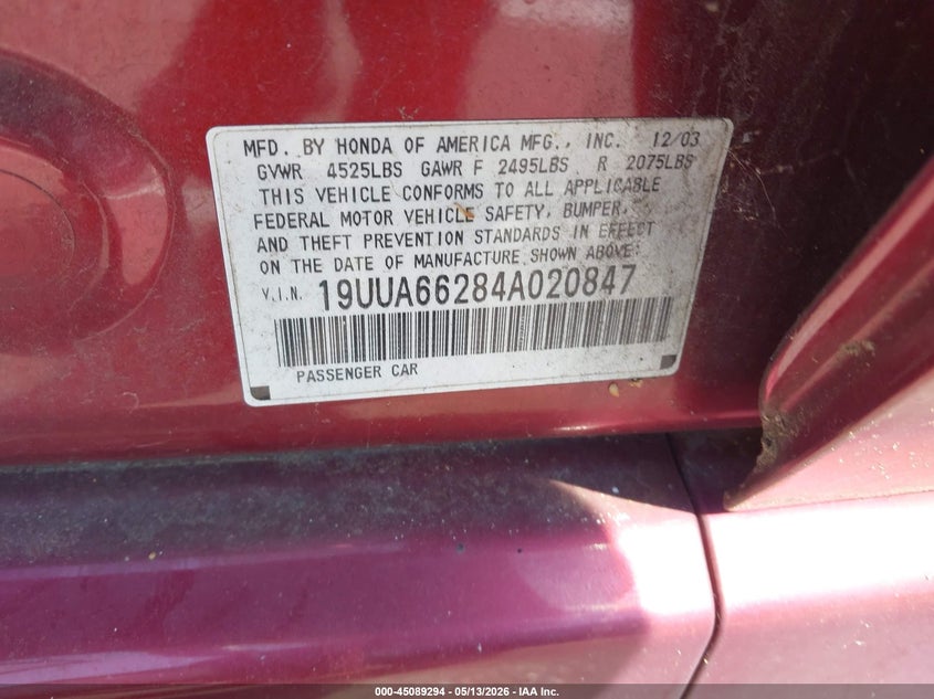 2004 Acura Tl VIN: 19UUA66284A020847 Lot: 45089294