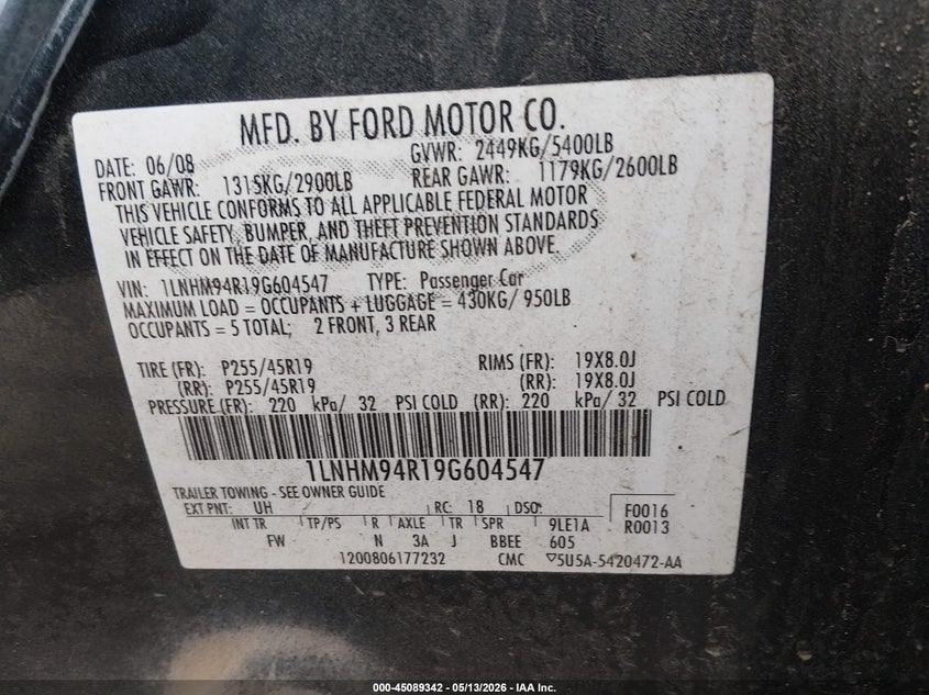 2009 Lincoln Mks VIN: 1LNHM94R19G604547 Lot: 45089342