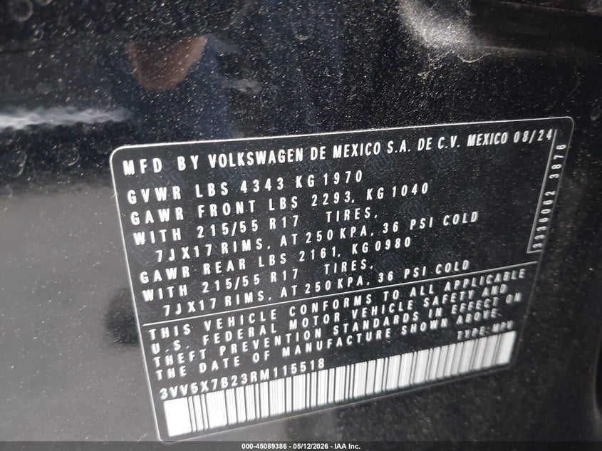 2024 Volkswagen Taos 1.5T S VIN: 3VV5X7B23RM115518 Lot: 45089386