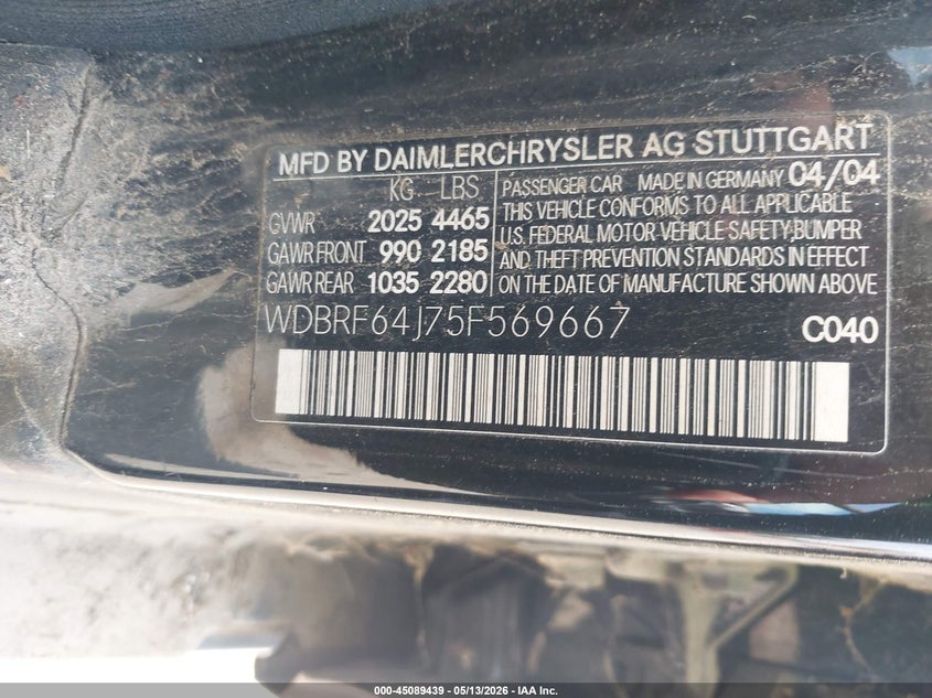 2005 Mercedes-Benz C 320 VIN: WDBRF64J75F569667 Lot: 45089439