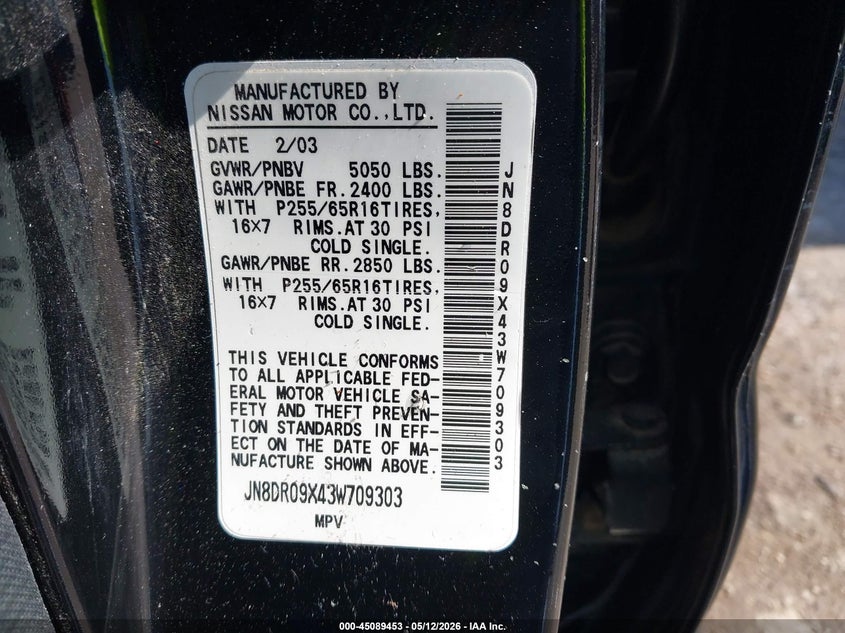 2003 Nissan Pathfinder Se VIN: JN8DR09X43W709303 Lot: 45089453