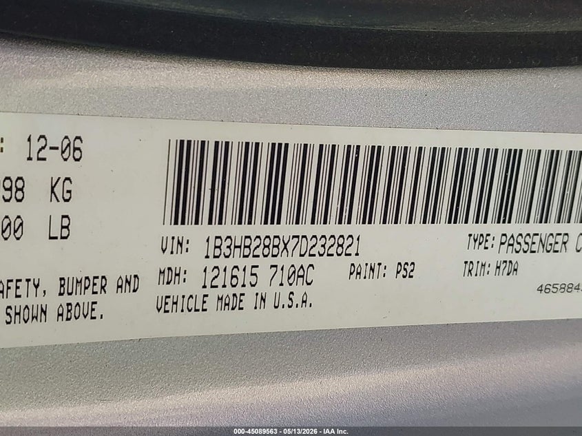 2007 Dodge Caliber VIN: 1B3HB28BX7D232821 Lot: 45089563