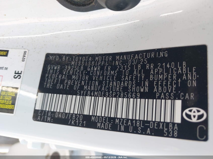 2025 TOYOTA COROLLA SEDAN 2.0L I-4 DI, DOHC, VVT, 169HP