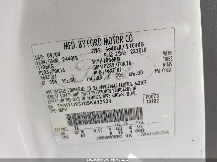 2005 FORD ESCAPE SPORT UTILITY VEHICLE 3.0L V-6 DOHC, 200HP