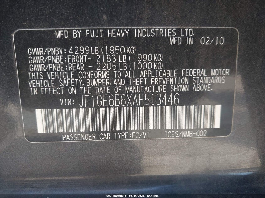 2010 Subaru Impreza 2.5I Premium VIN: JF1GE6B6XAH513446 Lot: 45089613